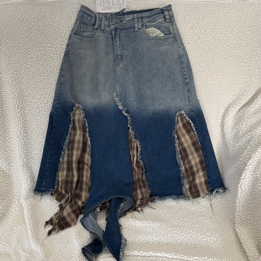Asymmetrical Blue Denim Skirt with Plaid Inserts